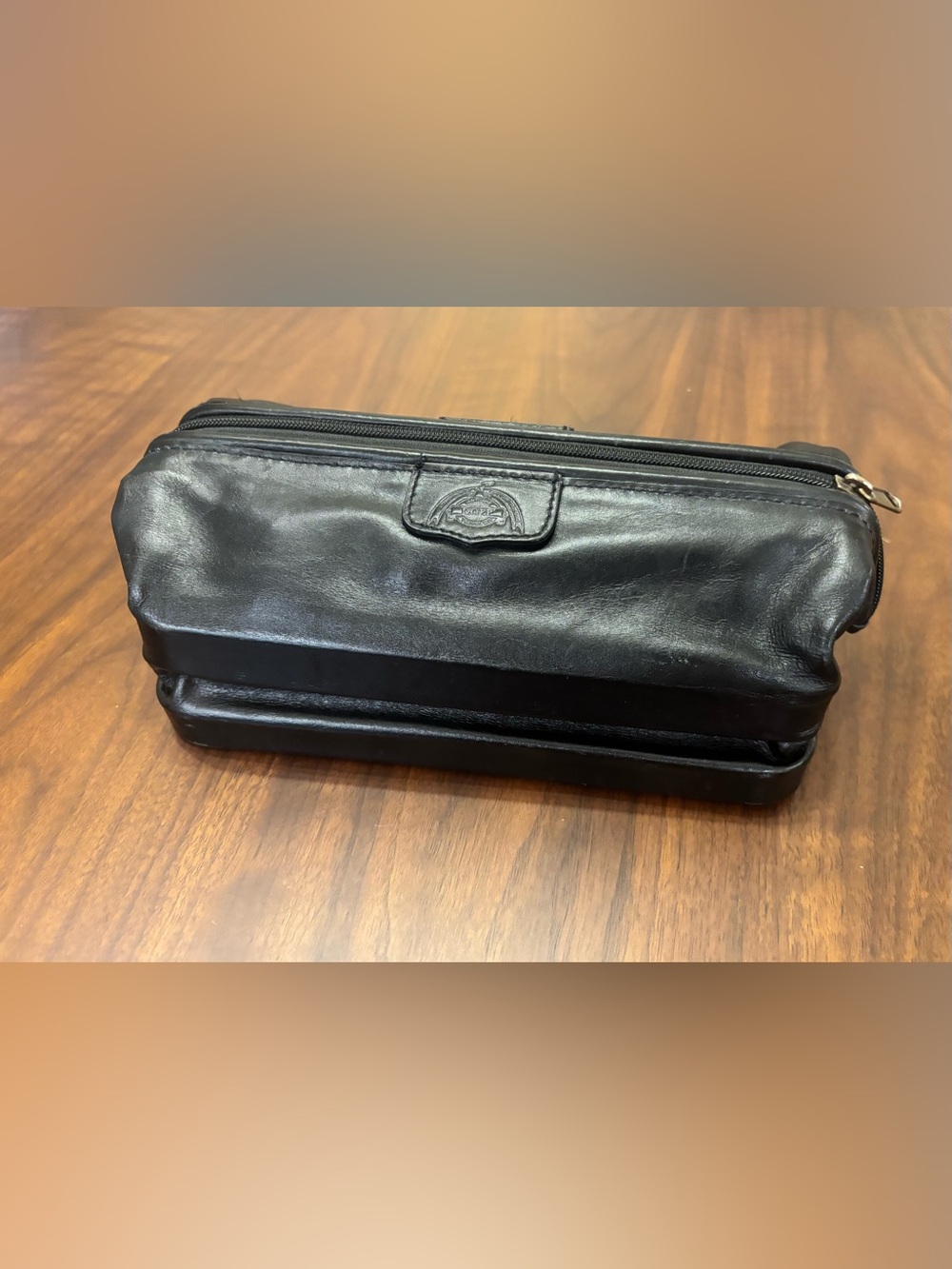 Vintage Black Leather Toiletry Travel Bag Zip Shaving Kit Organizer Case